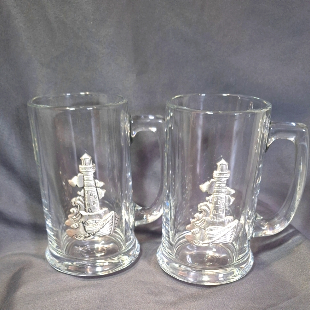 2 Beer Mugs Pewter Lighthouse & Boat 12 OZ